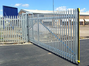 An opening cantilever palisade gate for a plant, the gate with palisade fence panel together serves as security fence for plant.