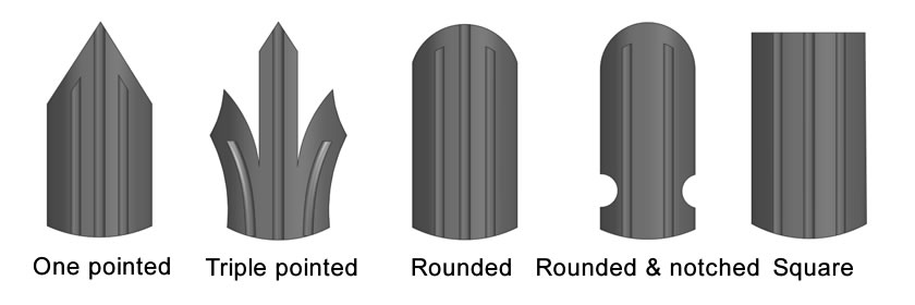 Five types of W & D section pales, one pointed, triple pointed & splayed, rounded, rounded & notched, square.